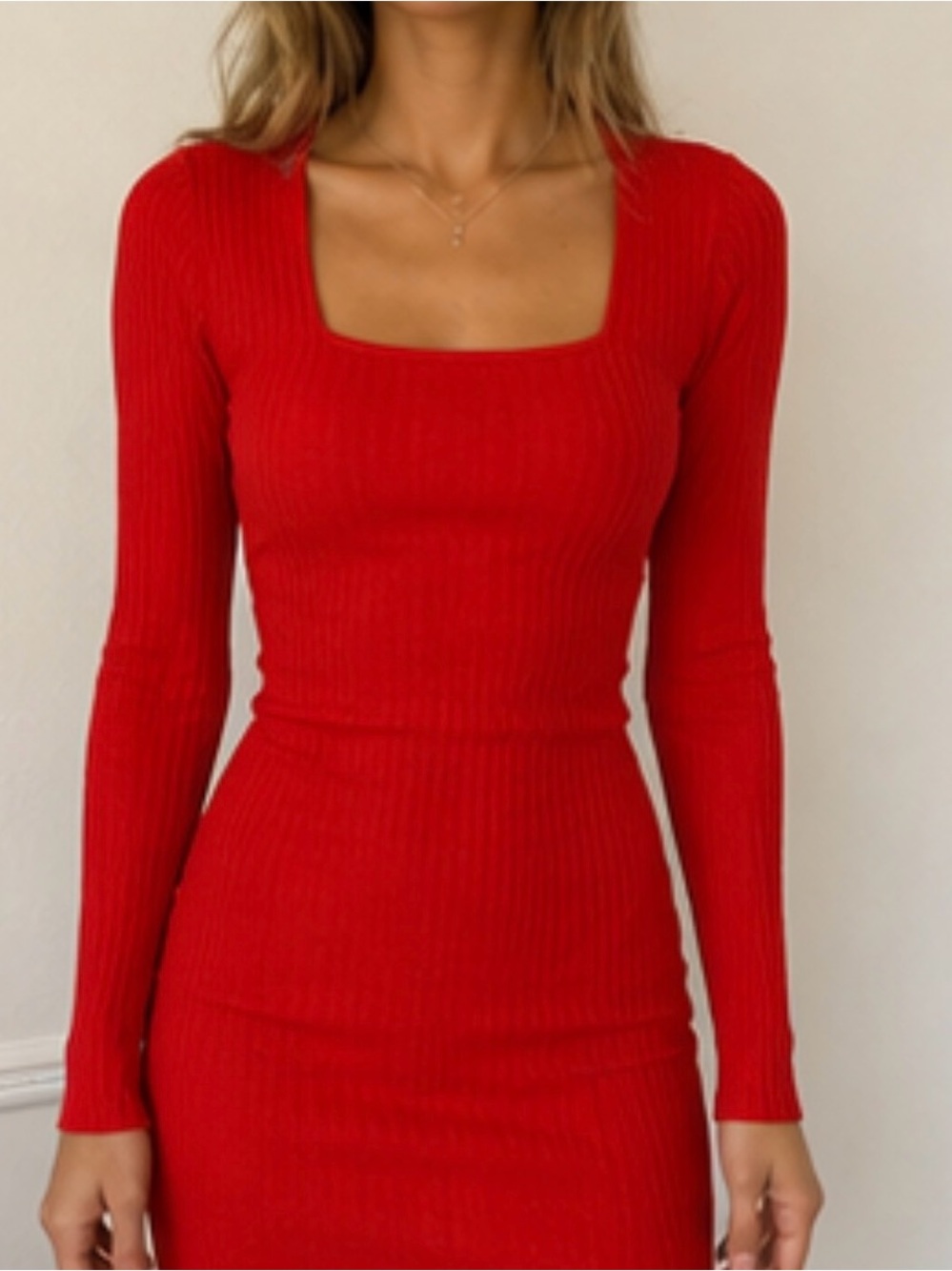 Red Ribbed Square Neck Long Sleeve Bodycon Dress